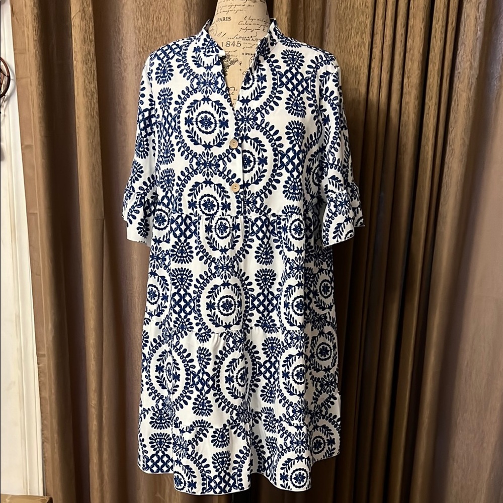 Blue and White Patterned Dress